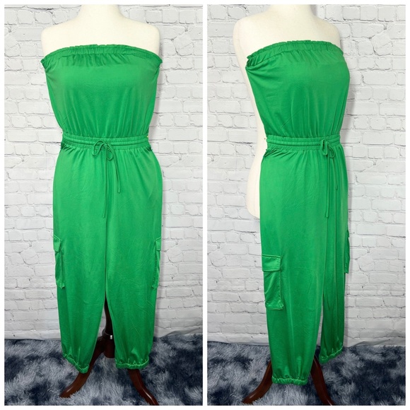 💚Like New  |•DRESS DAY•| Green Jumpsuit Bandeau Top Jogger Cuff Pockets Large - Picture 1 of 8